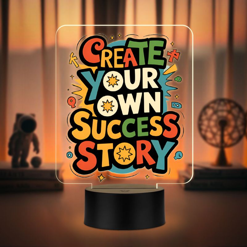 Motivational Create Your Own Success Story Quote Printed LED Desk Table Light with Warm White Frame Inspirational Gift for Students, Friends, Men & Women